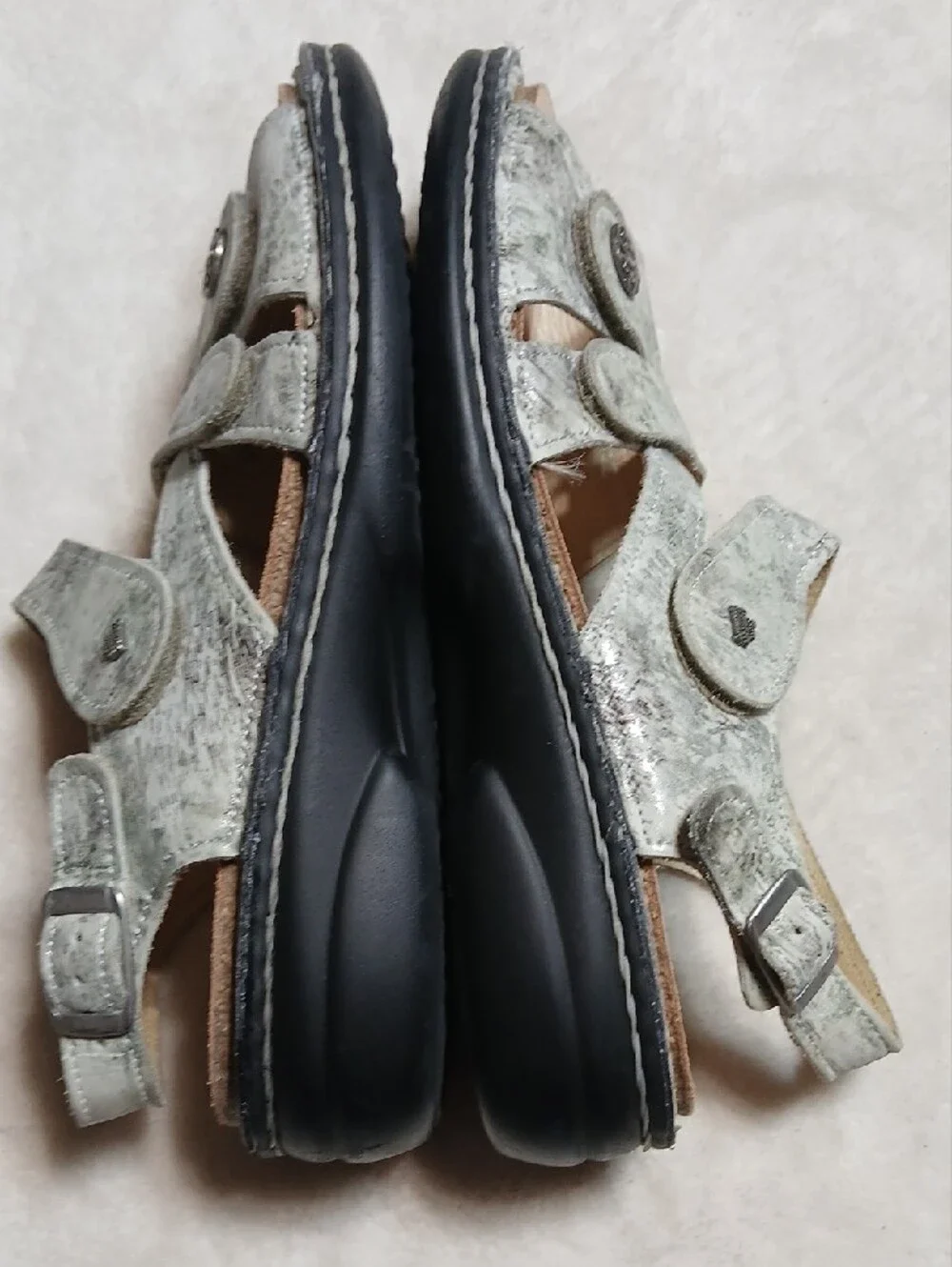 Finn Comfort Silver Green Leather Adjustable Strappy Sandals Size 38